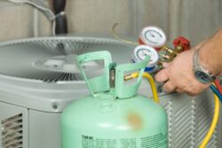 AC refrigerant recharge performed by an HVAC technician